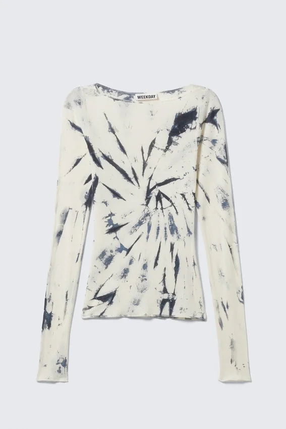 Slim-Fit-Oberteil mit Langarm und U-Boot-Ausschnitt – Weiß, Tie-Dye Slim-Fit-Oberteil mit Langarm und U-Boot-Ausschnitt – Weiß, Tie-Dye