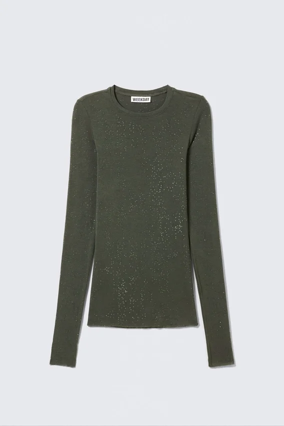 Slim-Fit-Oberteil mit Strassprint – Dunkelkhaki-Grün Slim-Fit-Oberteil mit Strassprint – Dunkelkhaki-Grün