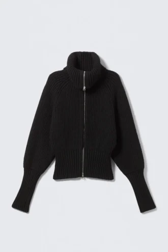 Slim-Fit-Strickjacke mit Reißverschluss und Rippmuster – Schwarz