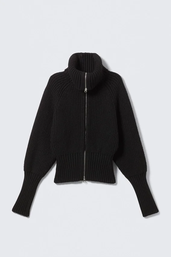 Slim-Fit-Strickjacke mit Reißverschluss und Rippmuster – Schwarz Slim-Fit-Strickjacke mit Reißverschluss und Rippmuster – Schwarz