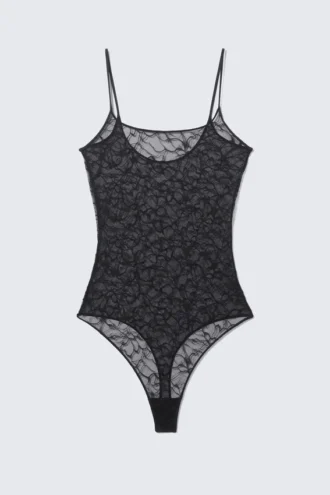 Spitzen-String-Bodysuit – Schwarz