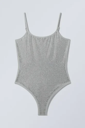 Strandkleid mit Strasssteinen und U-Ausschnitt – Grau – Strasssteine