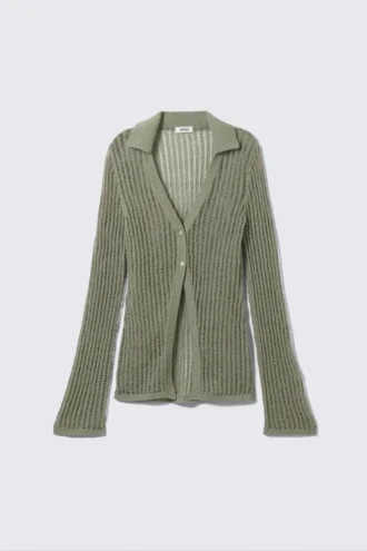 Strickjacke mit V-Ausschnitt und offenem Strickmuster – Khaki-Grün