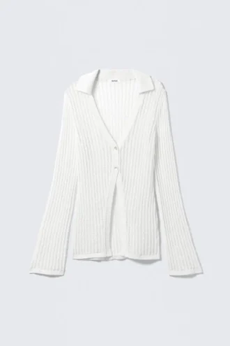 Strickjacke mit V-Ausschnitt und offenem Strickmuster – Staubweiß