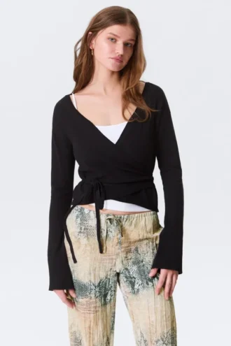 Strickjacke mit V-Ausschnitt und Wickeloptik – Schwarz