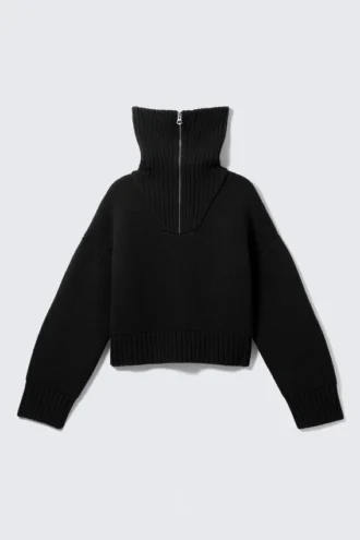 Strickpullover mit Trichterkragen und doppeltem Reißverschluss – Schwarz