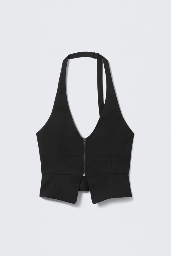 Strukturierte Weste mit Neckholder und Reißverschluss – Schwarz Strukturierte Weste mit Neckholder und Reißverschluss – Schwarz