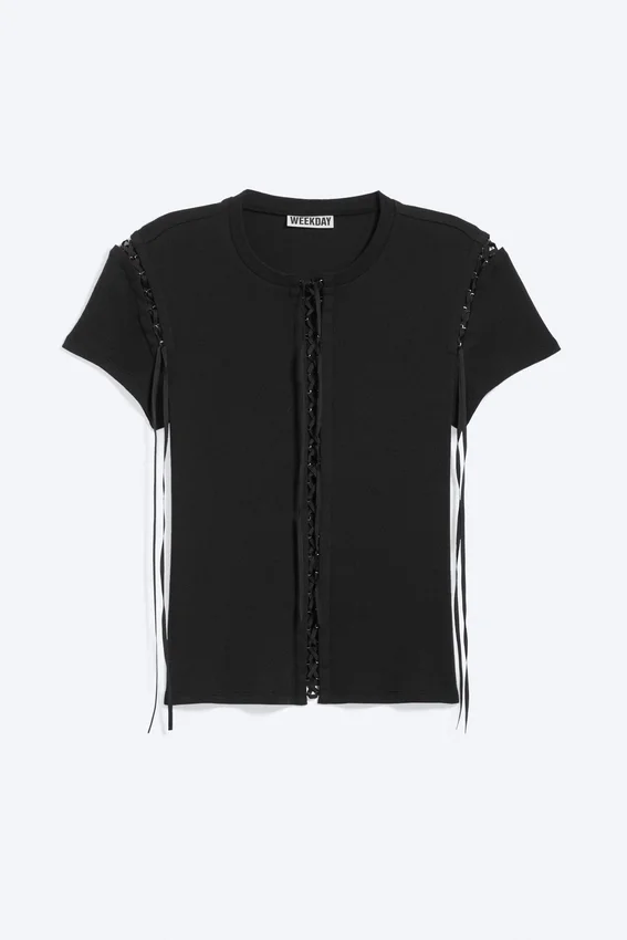 T-Shirt mit geripptem Kreuzverschluss – Schwarz T-Shirt mit geripptem Kreuzverschluss – Schwarz