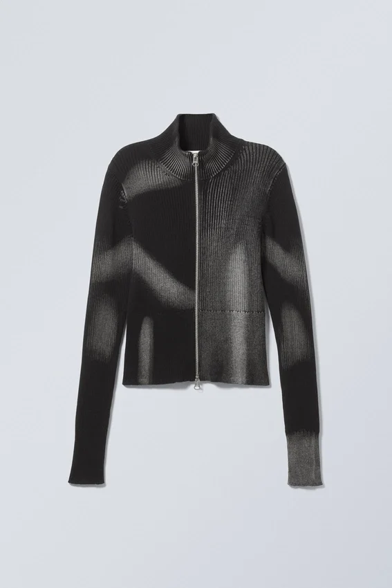 Taiki-Strickjacke mit Reißverschluss – zweifarbig mit schwarzen und grauen Streifen Taiki-Strickjacke mit Reißverschluss – zweifarbig mit schwarzen und grauen Streifen