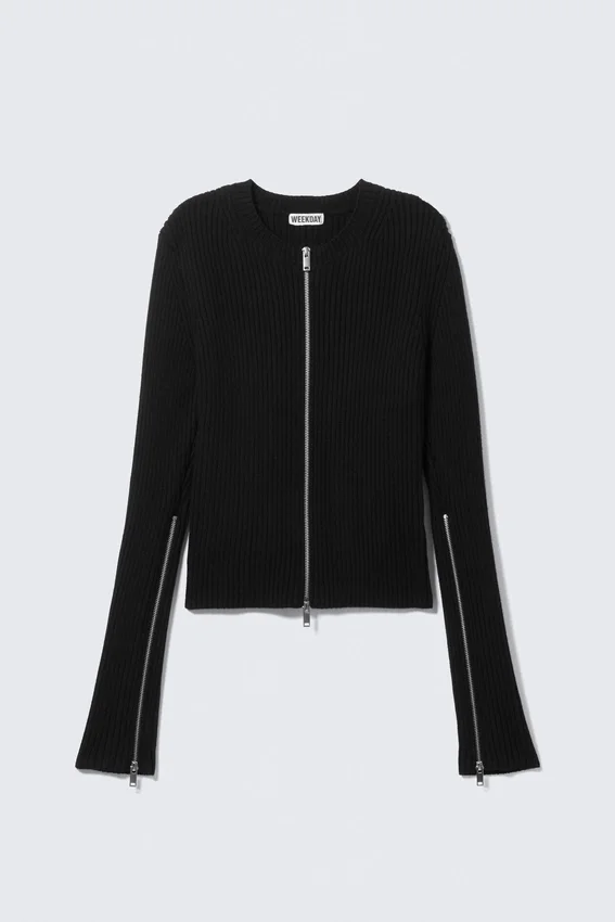 Taillierte Strickjacke mit Rippmuster und Reißverschluss – Schwarz Taillierte Strickjacke mit Rippmuster und Reißverschluss – Schwarz