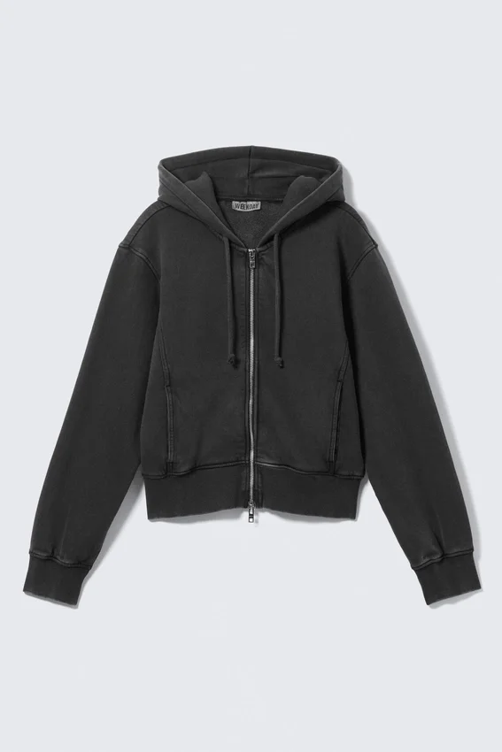 Taillierter Baumwoll-Kapuzenpullover mit Reißverschluss – gewaschen, schwarz Taillierter Baumwoll-Kapuzenpullover mit Reißverschluss – gewaschen, schwarz