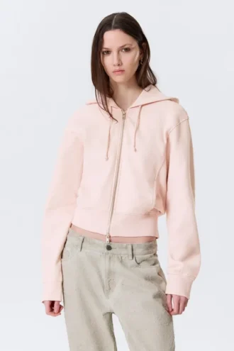 Taillierter Baumwoll-Kapuzenpullover mit Reißverschluss – gewaschenes Hellrosa Taillierter Baumwoll-Kapuzenpullover mit Reißverschluss – gewaschenes Hellrosa