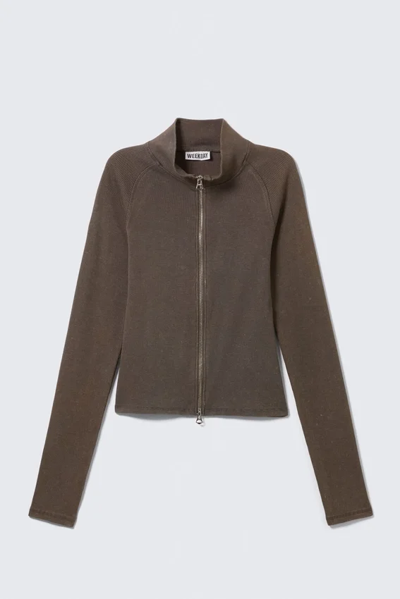 Tailliertes Langarmshirt mit Stehkragen und Reißverschluss – gewaschenes Dunkelgrau Tailliertes Langarmshirt mit Stehkragen und Reißverschluss – gewaschenes Dunkelgrau