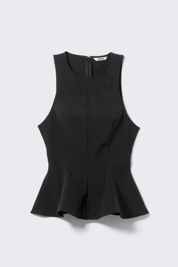 Tailliertes Nylon-Peplum-Top – Schwarz Tailliertes Nylon-Peplum-Top – Schwarz