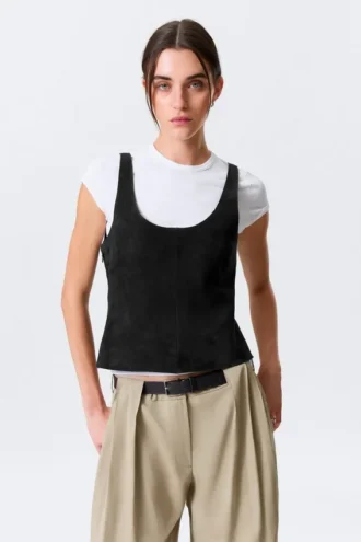 Tanktop aus Leder mit U-Ausschnitt – Schwarz