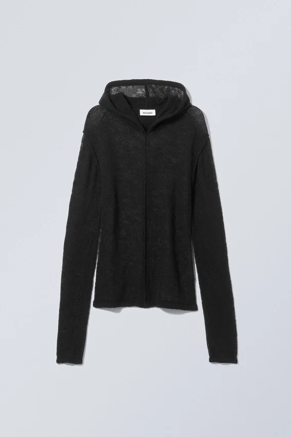 Terri Kapuzenpullover aus transparenter Wollmischung – Schwarz Terri Kapuzenpullover aus transparenter Wollmischung – Schwarz