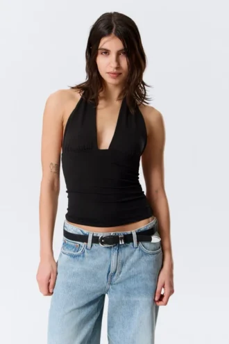 Tief ausgeschnittenes Neckholder-Top – Schwarz
