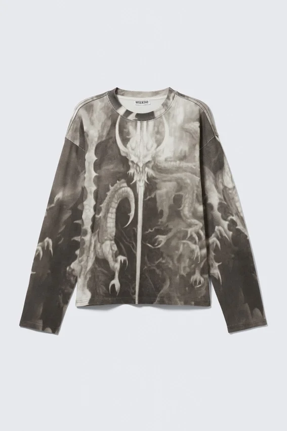 Tolles, kastenförmiges Langarmshirt mit Print – Dunkelgrau – Drachenprint Tolles, kastenförmiges Langarmshirt mit Print – Dunkelgrau – Drachenprint
