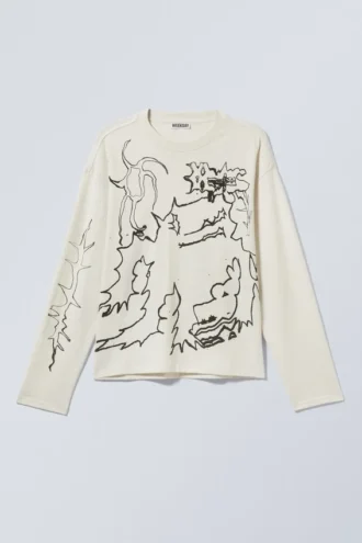Tolles, kastenförmiges Langarmshirt mit Print – Staubweiß – Shaky Monster Tolles, kastenförmiges Langarmshirt mit Print – Staubweiß – Shaky Monster