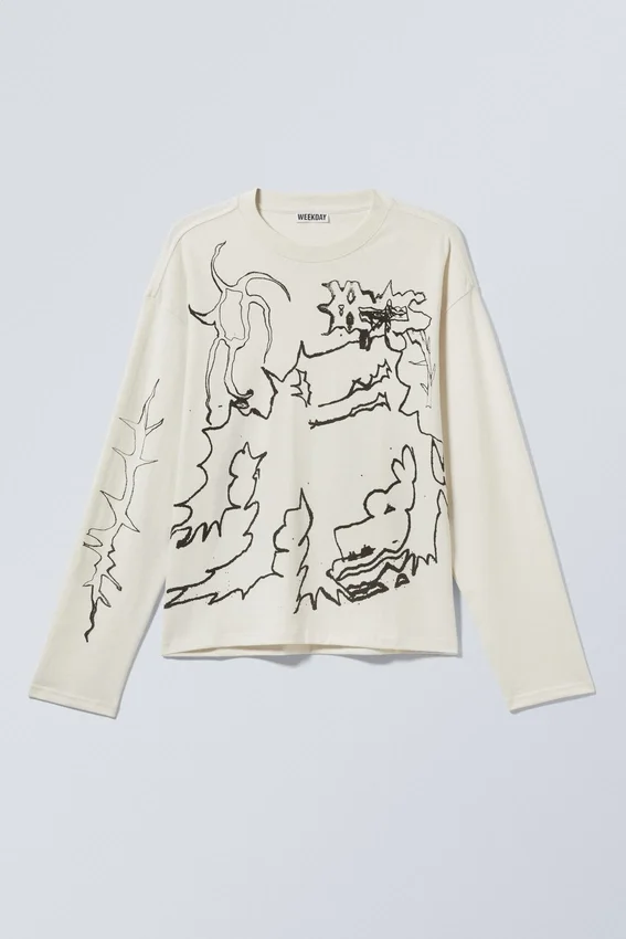 Tolles, kastenförmiges Langarmshirt mit Print – Staubweiß – Shaky Monster Tolles, kastenförmiges Langarmshirt mit Print – Staubweiß – Shaky Monster