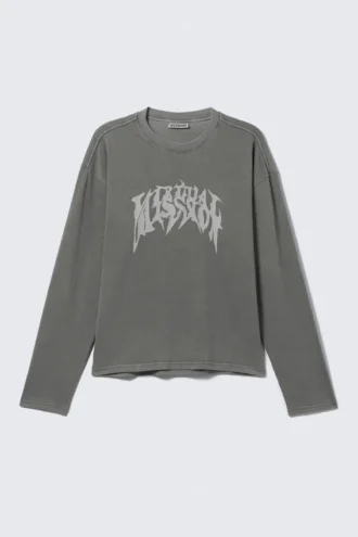 Tolles, kastenförmiges Langarmshirt mit Print – Washed Grey – Virtual Mission Tolles, kastenförmiges Langarmshirt mit Print – Washed Grey – Virtual Mission