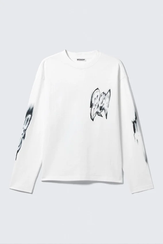 Tolles, kastenförmiges Langarmshirt mit Print – Weiß – Abstrakter Druck Tolles, kastenförmiges Langarmshirt mit Print – Weiß – Abstrakter Druck