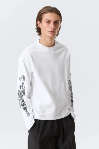 Tolles, kastenförmiges Langarmshirt mit Print – Weiß – Angry Panthers Tolles, kastenförmiges Langarmshirt mit Print – Weiß – Angry Panthers