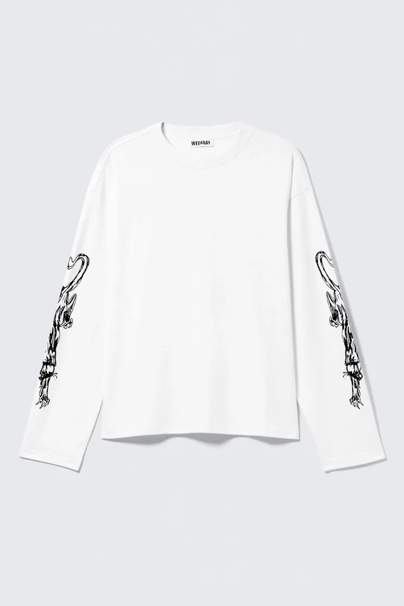 Tolles, kastenförmiges Langarmshirt mit Print – Weiß – Angry Panthers Tolles, kastenförmiges Langarmshirt mit Print – Weiß – Angry Panthers