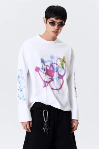 Tolles, kastenförmiges Langarmshirt mit Print – Weiß – Rat Spray Tolles, kastenförmiges Langarmshirt mit Print – Weiß – Rat Spray