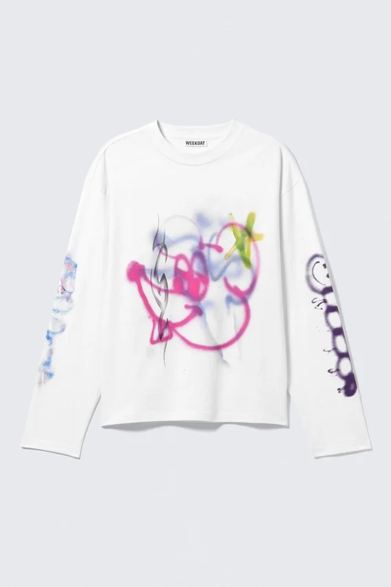 Tolles, kastenförmiges Langarmshirt mit Print – Weiß – Rat Spray Tolles, kastenförmiges Langarmshirt mit Print – Weiß – Rat Spray