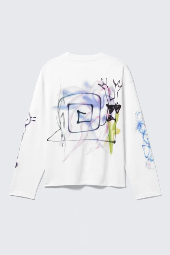 Tolles, kastenförmiges Langarmshirt mit Print – Weiß – Rat Spray Tolles, kastenförmiges Langarmshirt mit Print – Weiß – Rat Spray