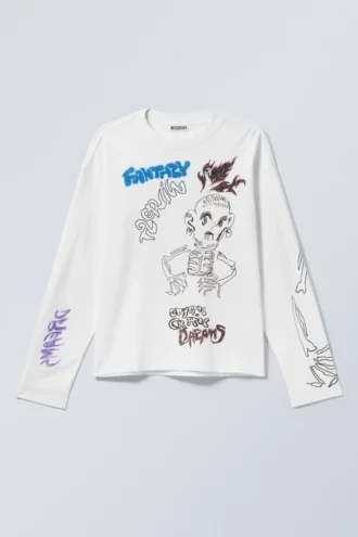 Tolles, kastenförmiges Langarmshirt mit Print – Weiß – Skeleton Dreams Tolles, kastenförmiges Langarmshirt mit Print – Weiß – Skeleton Dreams