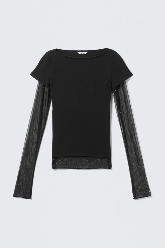 Top mit Mesh-Ärmeln und Strasssteinen – Schwarz Top mit Mesh-Ärmeln und Strasssteinen – Schwarz
