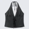 Top mit Neckholder und Bindeband vorne – Dunkelgrau Top mit Neckholder und Bindeband vorne – Dunkelgrau