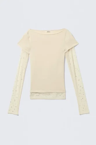 Top mit Strass-Mesh-Ärmeln – Beige