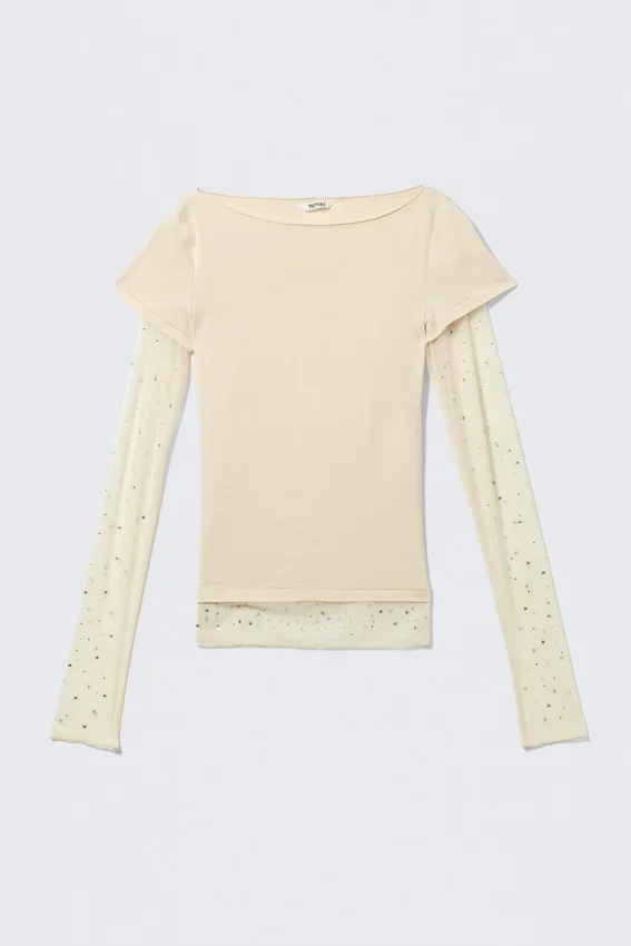Top mit Strass-Mesh-Ärmeln – Beige Top mit Strass-Mesh-Ärmeln – Beige