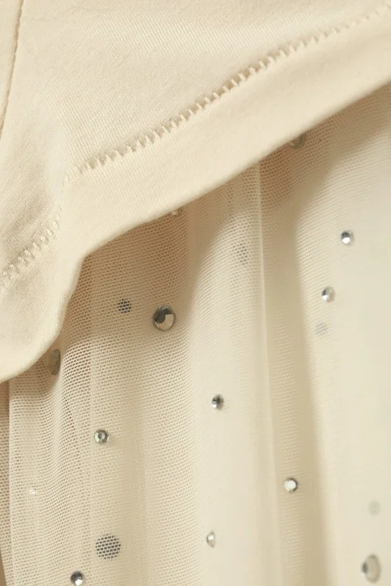 Top mit Strass-Mesh-Ärmeln – Beige Top mit Strass-Mesh-Ärmeln – Beige