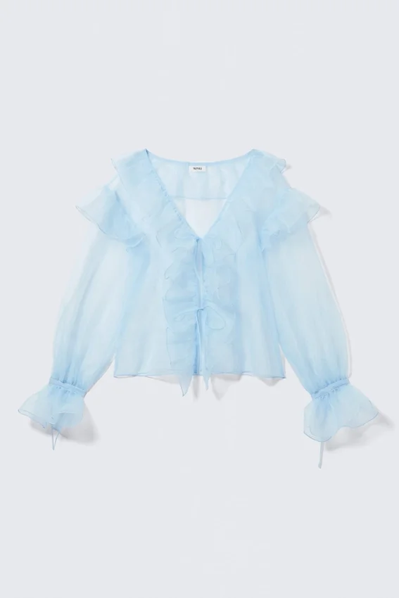 Transparente Bluse mit Rüschen und V-Ausschnitt – Hellblau Transparente Bluse mit Rüschen und V-Ausschnitt – Hellblau
