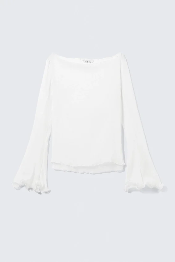 Transparente Bluse mit U-Boot-Ausschnitt und ausgestellten Ärmeln – Weiß Transparente Bluse mit U-Boot-Ausschnitt und ausgestellten Ärmeln – Weiß