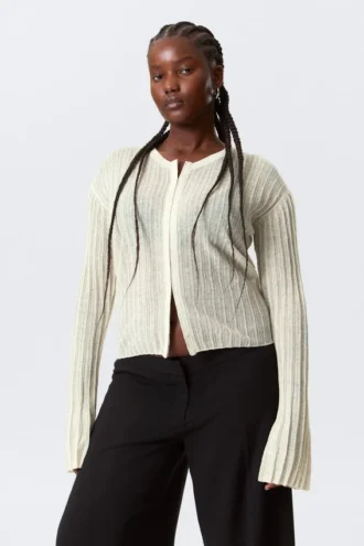 Transparente Strickjacke aus Leinenmischung – Ecru