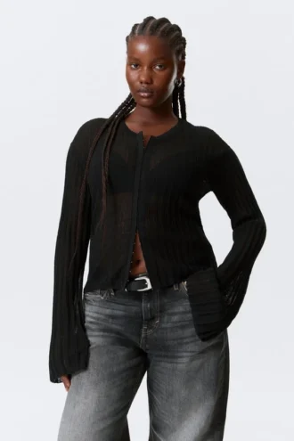 Transparente Strickjacke aus Leinenmischung – Schwarz