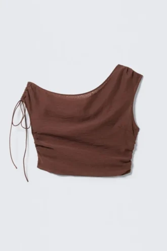 Transparentes, asymmetrisches Oberteil mit Kordelzug – Braun Transparentes, asymmetrisches Oberteil mit Kordelzug – Braun