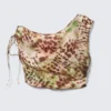 Transparentes, asymmetrisches Oberteil mit Kordelzug – braune und grüne Blumenpunkte Transparentes, asymmetrisches Oberteil mit Kordelzug – braune und grüne Blumenpunkte