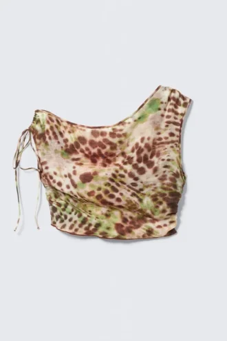 Transparentes, asymmetrisches Oberteil mit Kordelzug – braune und grüne Blumenpunkte Transparentes, asymmetrisches Oberteil mit Kordelzug – braune und grüne Blumenpunkte