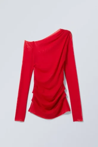 Transparentes, drapiertes, asymmetrisches Langarm-Oberteil – Rot Transparentes, drapiertes, asymmetrisches Langarm-Oberteil – Rot