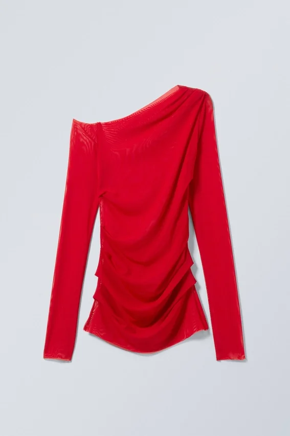 Transparentes, drapiertes, asymmetrisches Langarm-Oberteil – Rot Transparentes, drapiertes, asymmetrisches Langarm-Oberteil – Rot