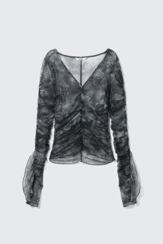 Transparentes, gerafftes Mesh-Oberteil – schwarzer Barock-Print Transparentes, gerafftes Mesh-Oberteil – schwarzer Barock-Print