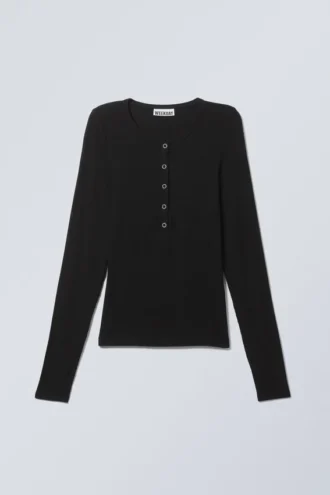 Transparentes, geripptes Henley-Oberteil mit langen Ärmeln – Schwarz Transparentes, geripptes Henley-Oberteil mit langen Ärmeln – Schwarz