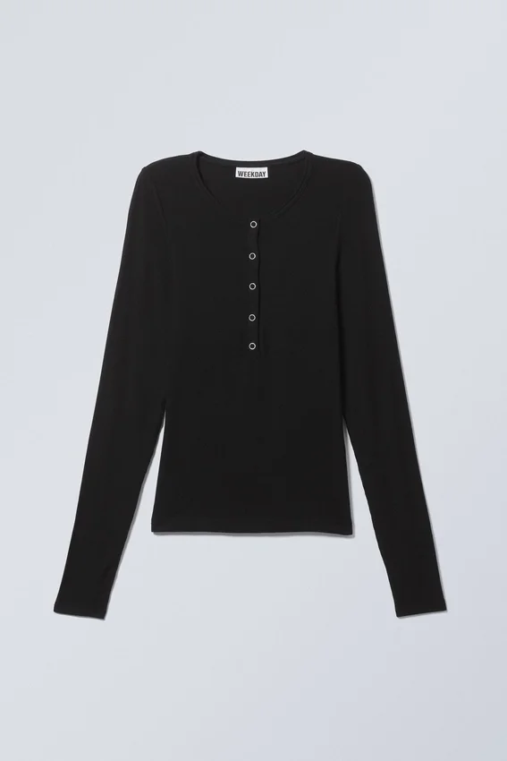 Transparentes, geripptes Henley-Oberteil mit langen Ärmeln – Schwarz Transparentes, geripptes Henley-Oberteil mit langen Ärmeln – Schwarz
