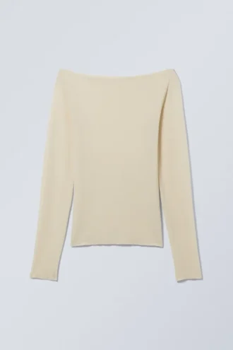 Transparentes Langarm-Shirt mit U-Boot-Ausschnitt – Hellbeige